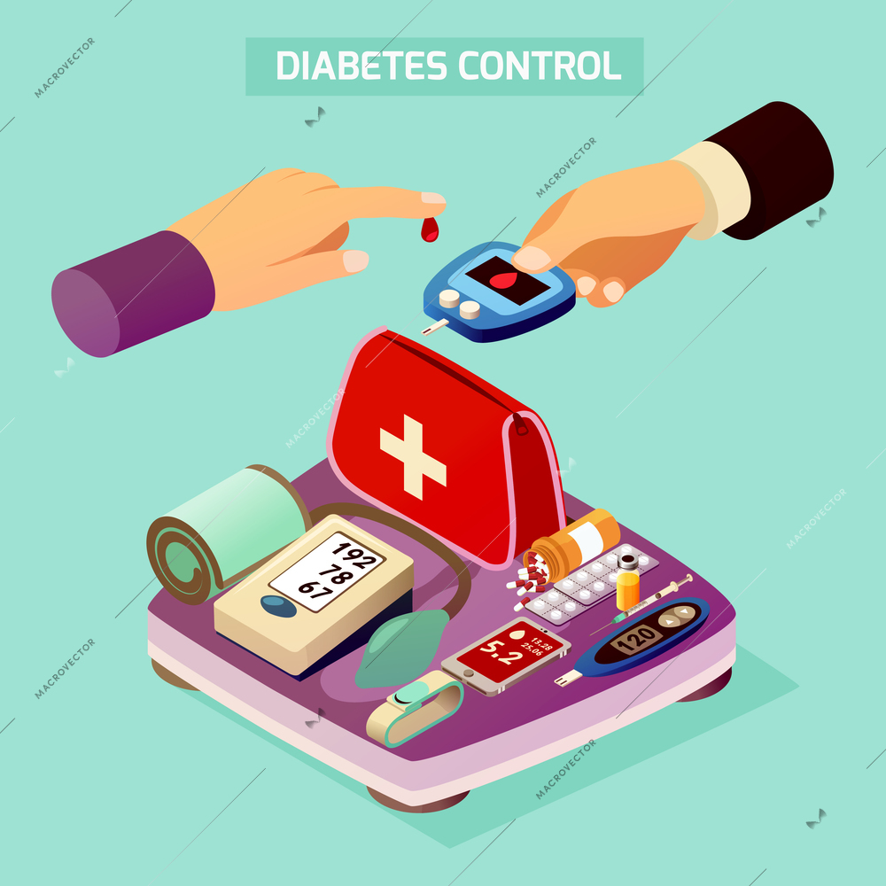 Diabetes control isometric composition on turquoise background with sugar measuring process, devices and medications, scales vector illustration