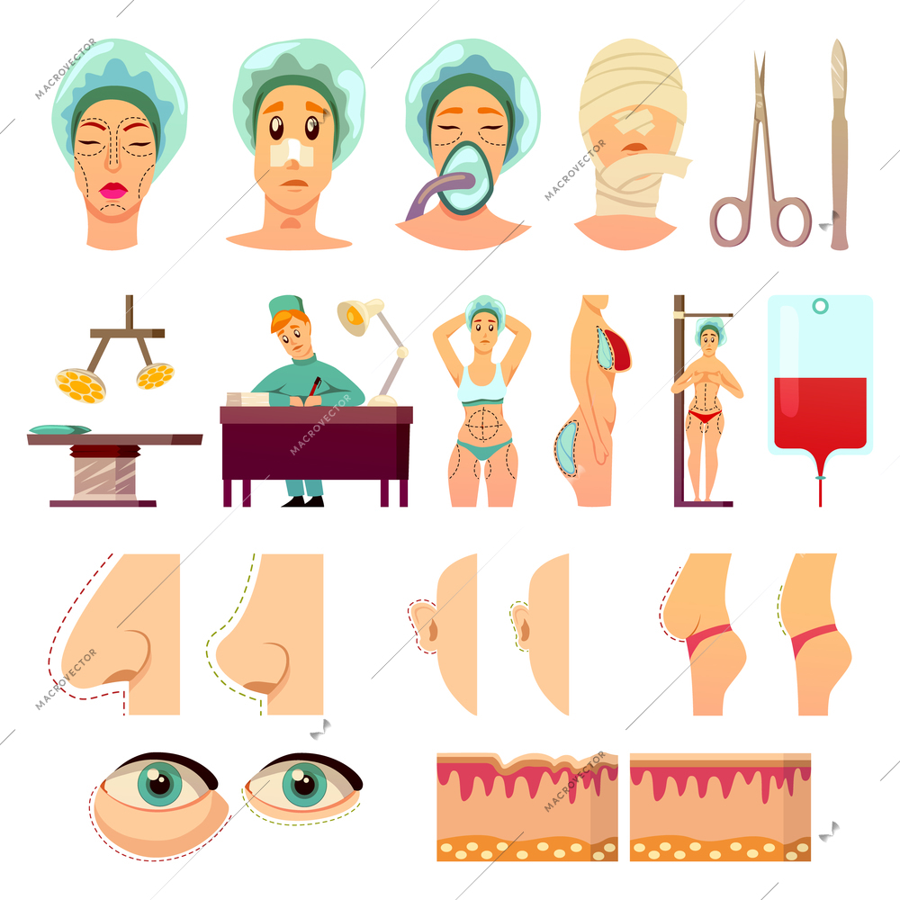 Plastic surgery orthogonal icons with medical instruments, parts of body before and after operations isolated vector illustration