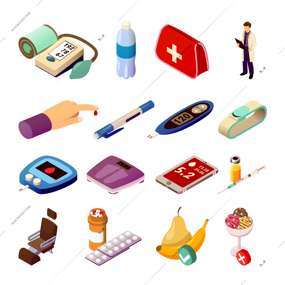 Diabetes control set of isometric icons with doctor, medical measuring devices, drugs, diet food isolated vector illustration