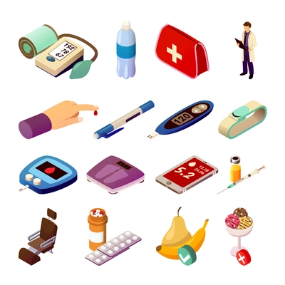 Diabetes control set of isometric icons with doctor, medical measuring devices, drugs, diet food isolated vector illustration