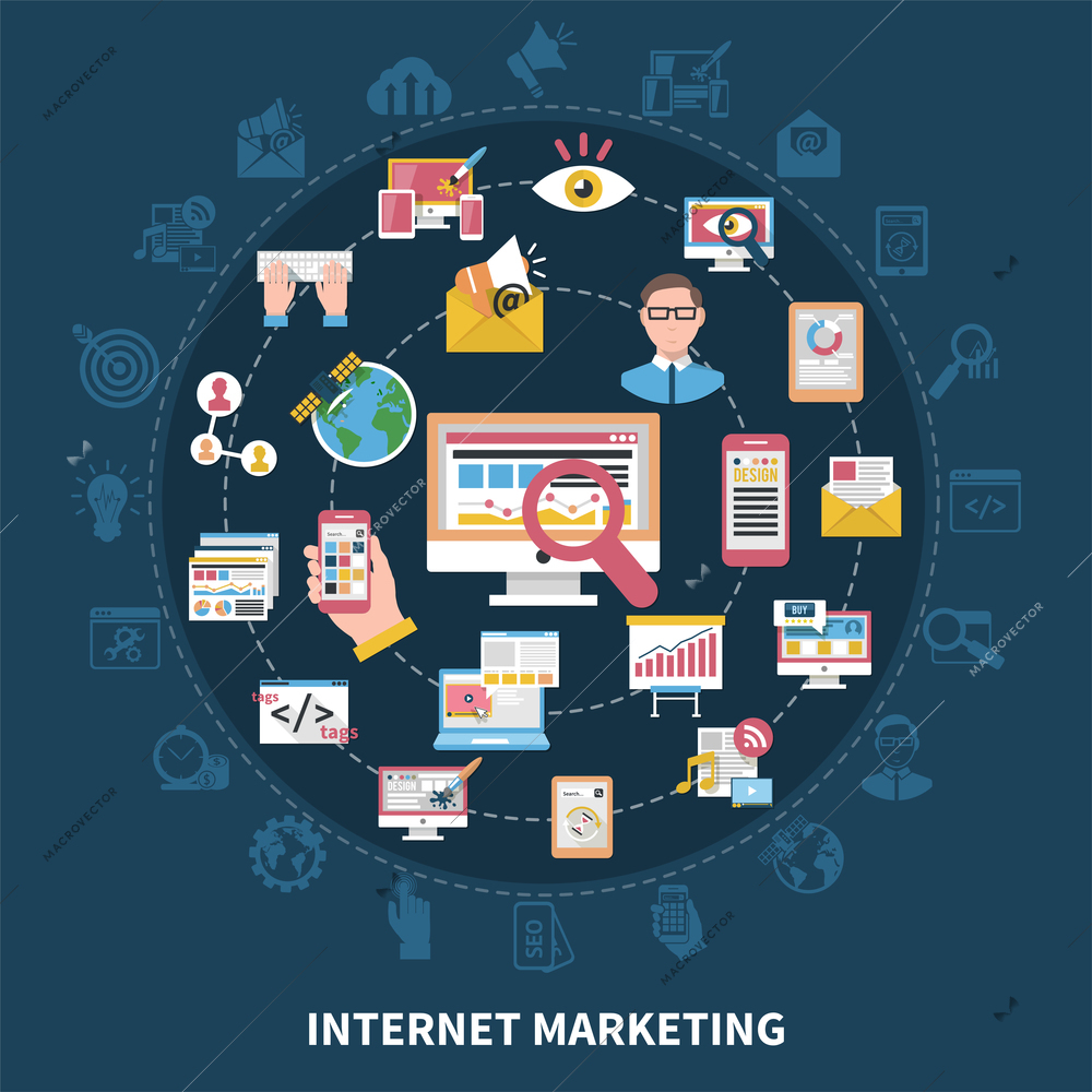 Internet marketing round composition on dark blue background with seo, advertising, graphic design, social networks vector illustration