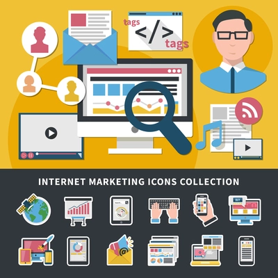 Internet marketing icons collection with mobile devices, social media, business plan, email, html tags isolated vector illustration