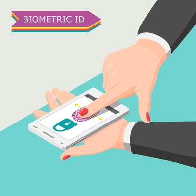 Biometric ID background with human hand scanning by finger scan app on smartphone screen isometric vector illustration