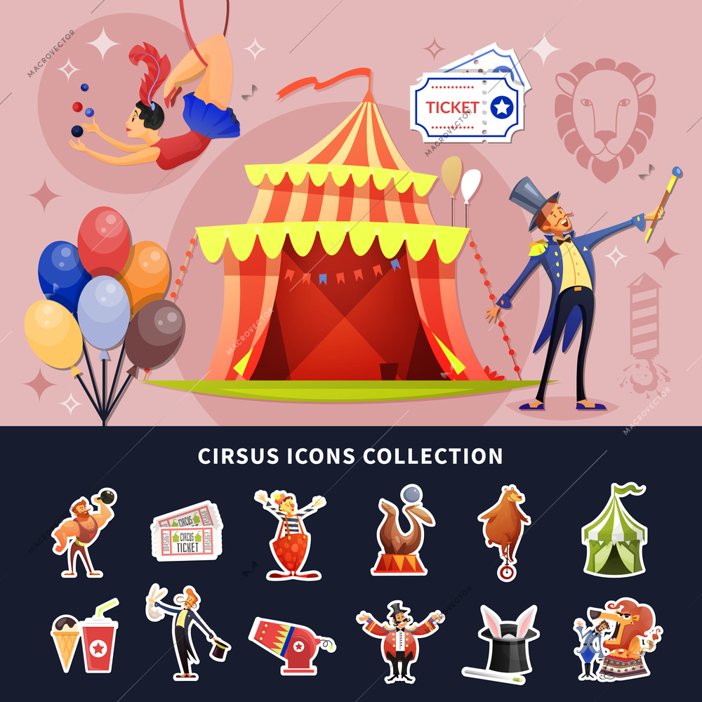 Circus cartoon colored composition with isolated show icon set combined in composition vector illustration