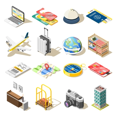 Travel isometric icons set of airplane tickets compass camera travel hotel reception passport isolated images vector illustration