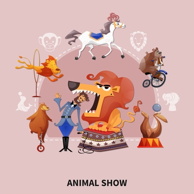 Circus colored cartoon composition with different animals who work in the circus vector illustration