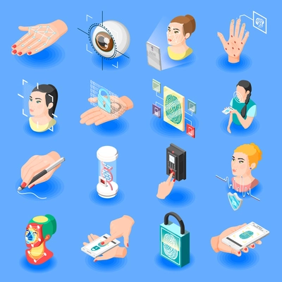 Biometric ID isometric icons set of face recognition identification by eye iris fingerprint unlock isolated vector illustration