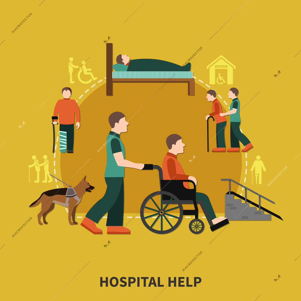 Disabled person flat composition with hospital help headline and assistants for people with disabilities vector illustration