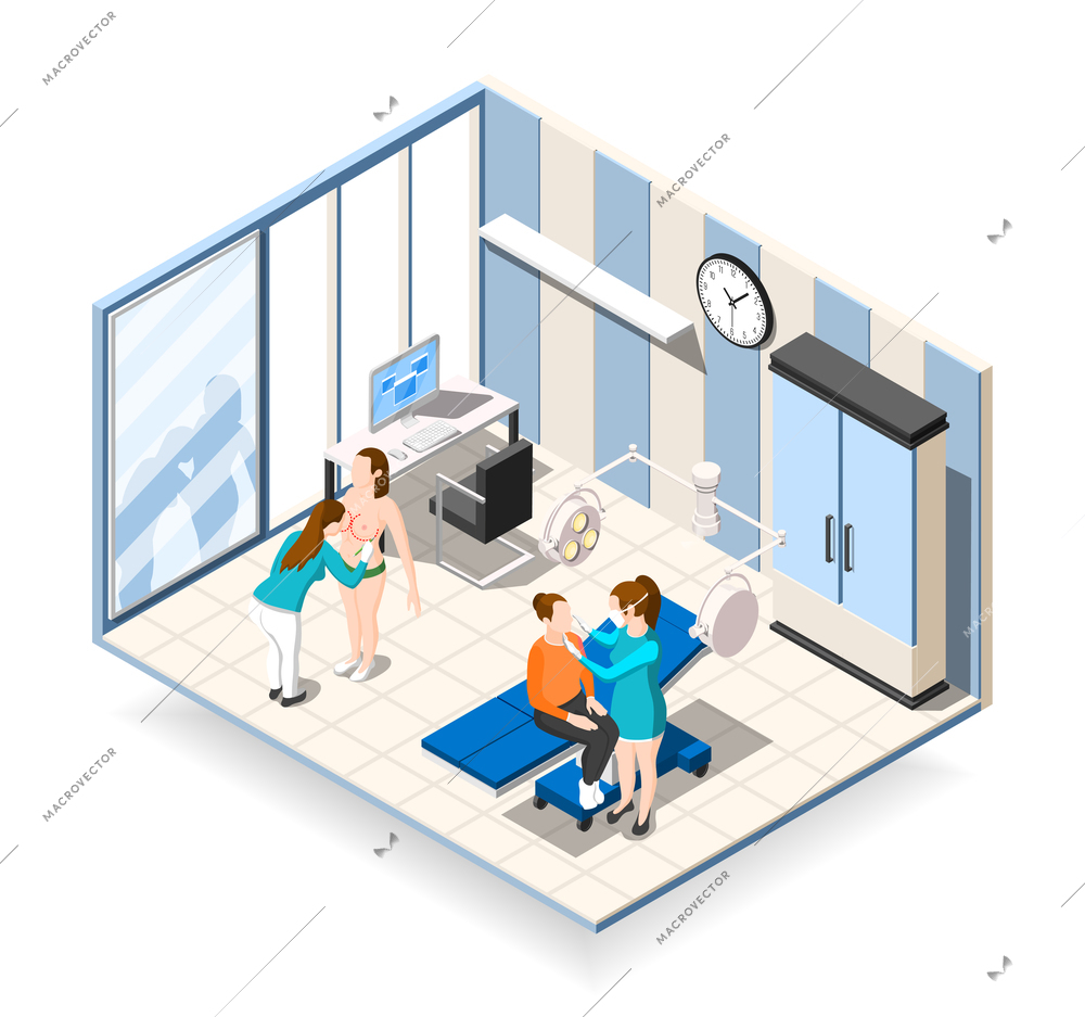 Plastic surgery isometric composition with female patients receiving consultation in clinic of aesthetic medicine vector illustration