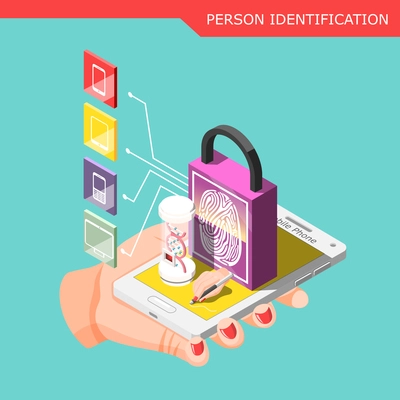 Biometric ID isometric composition with human hand holding smartphone protected by password with personal identification   vector illustration
