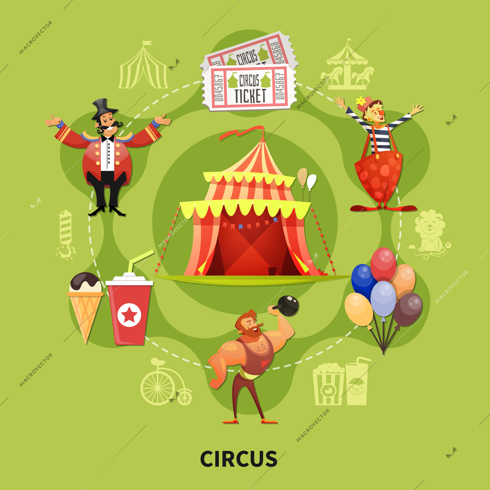 Big round colored circus cartoon composition with participants working in the arena vector illustration