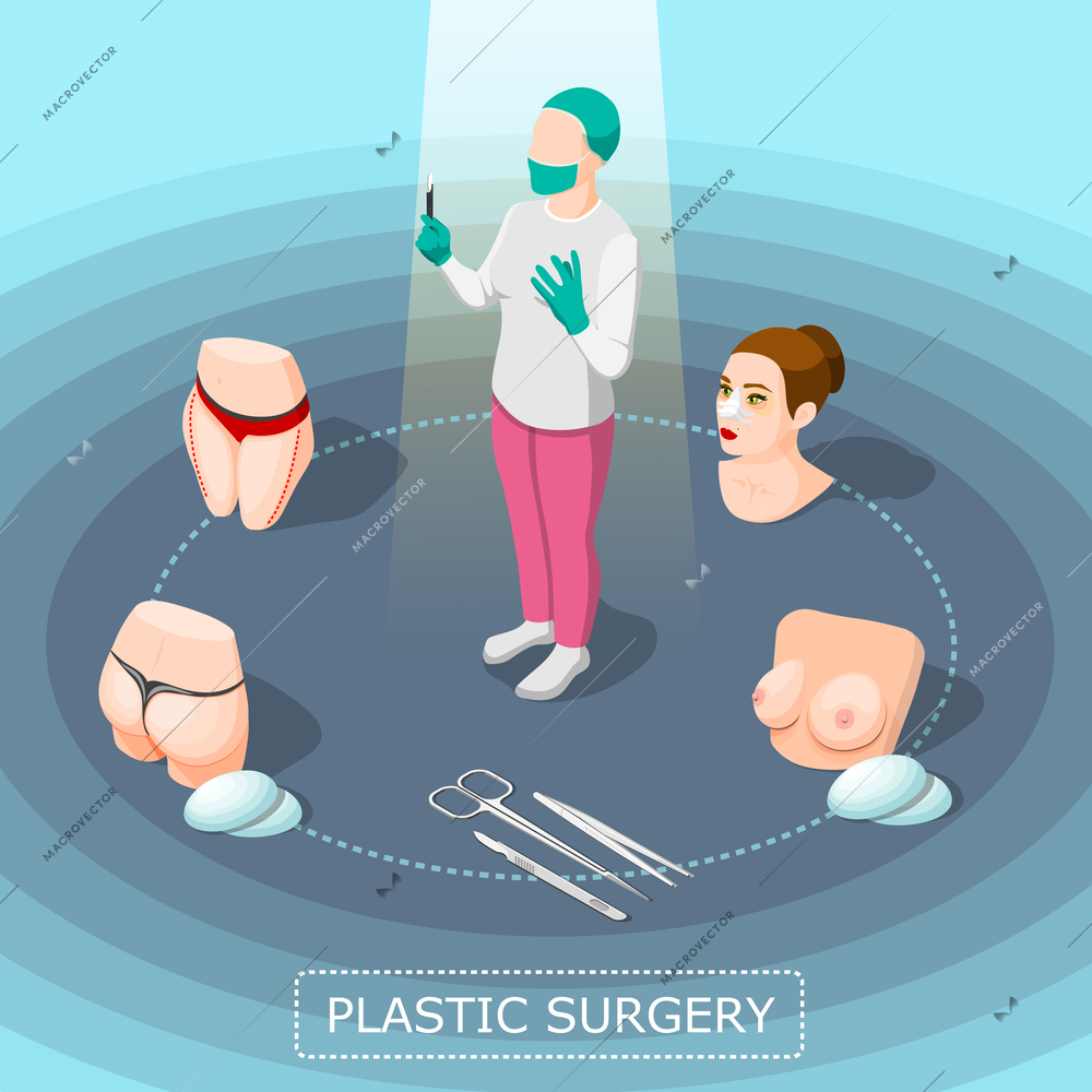 Plastic surgery design concept with doctor in medical suit surgical instruments and body parts for correction isometric icons vector illustration