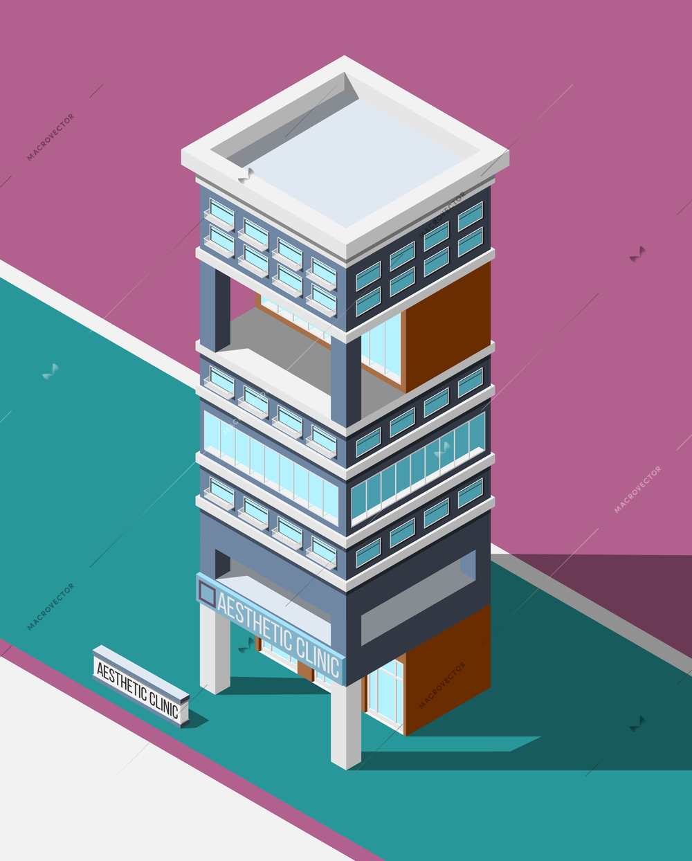 Aesthetic clinic isometric city background with modern multistoried hospital building on abstract background vector illustration