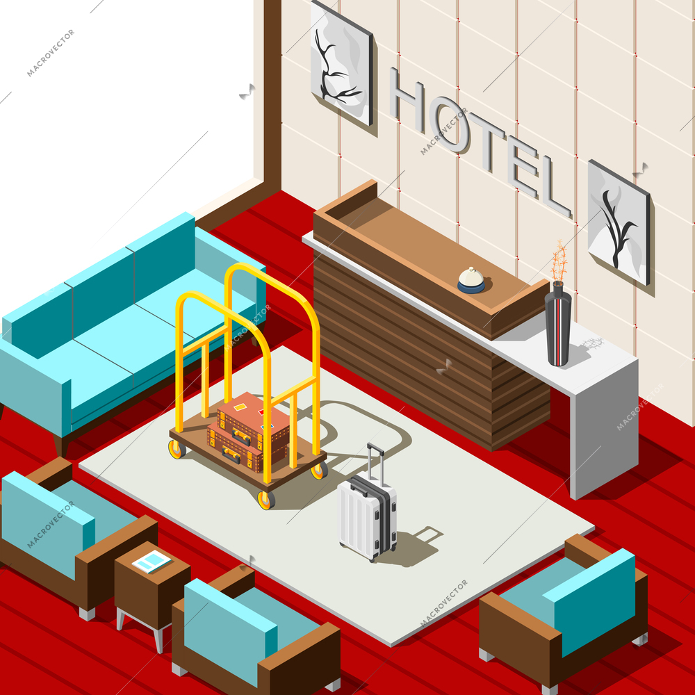 Hotel reception isometric background with registration desk place for waiting and tourist suitcases vector illustration