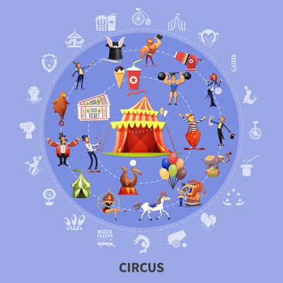 Circus colored cartoon round composition with icon set combined in big circle vector illustration