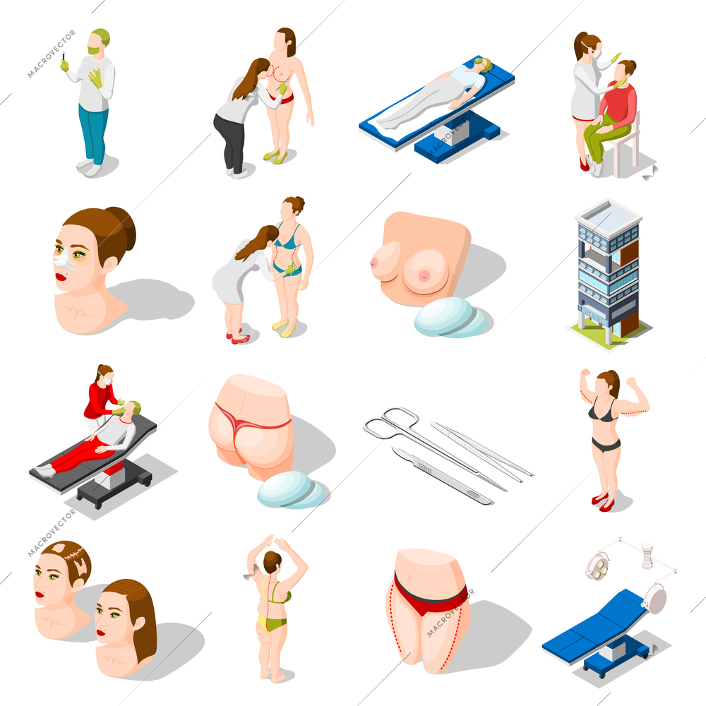 Plastic surgery isometric icons set of implants for body correction medical instruments doctors and patients isolated vector illustration