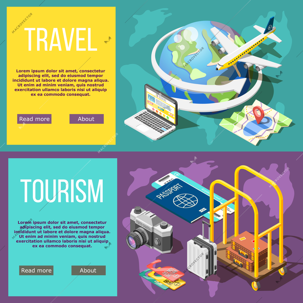 Travel and tourism horizontal banners booking tickets air travel hotel services active tourism adventure around world  isometric vector illustration