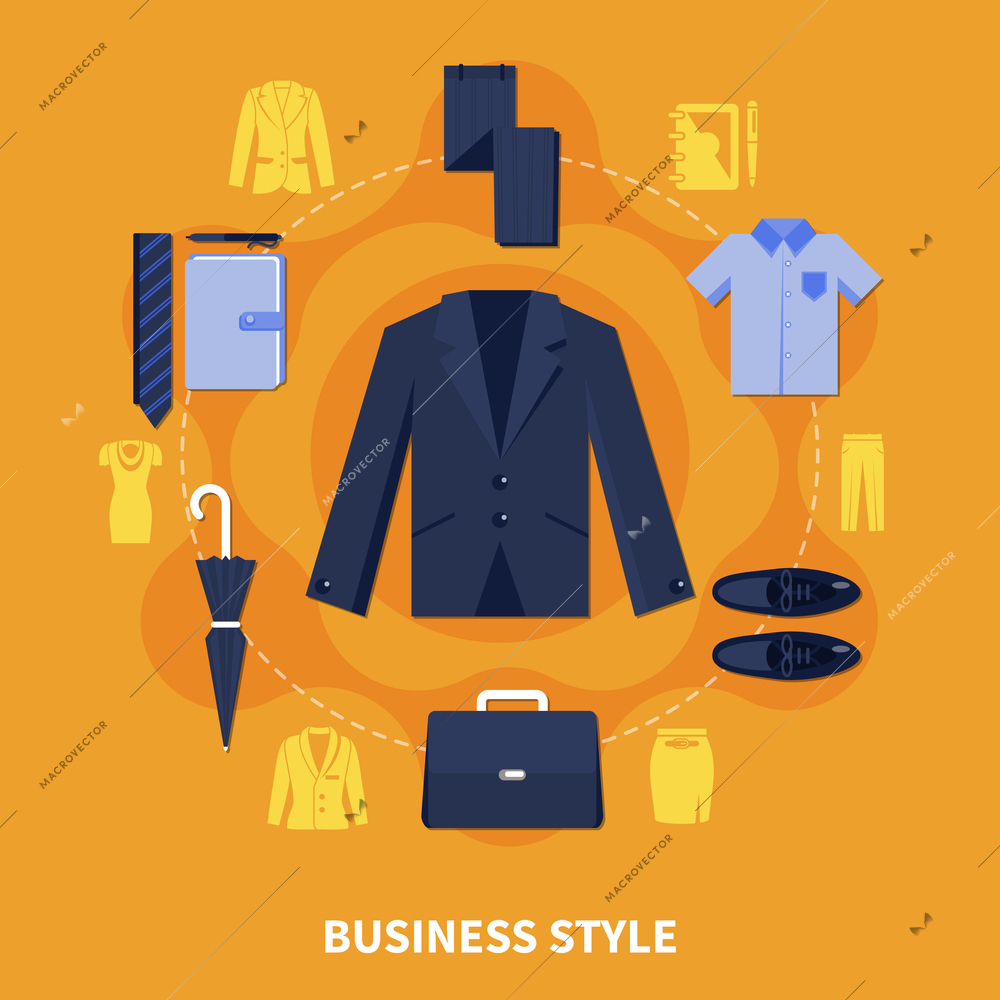 Clothes colored concept with business style description and wardrobe items dark mens suit vector illustration