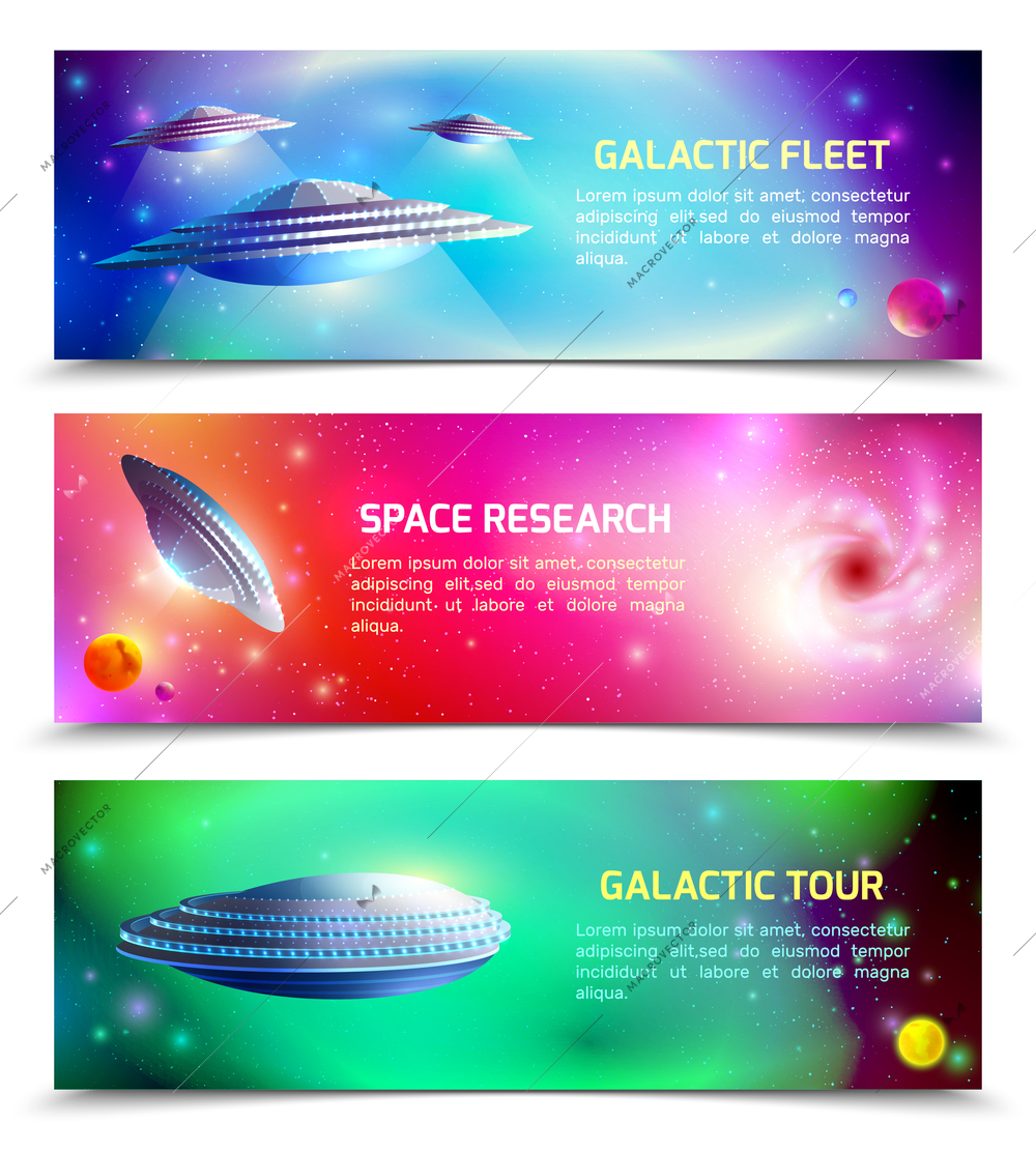 Alien spaceship set of horizontal banners with space research, galactic tour, cosmic fleet isolated vector illustration