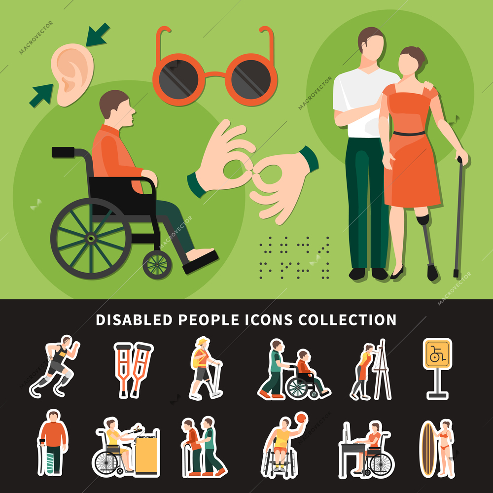 Disabled person flat and colored composition with disabled people icons collection description vector illustration