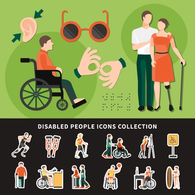 Disabled person flat and colored composition with disabled people icons collection description vector illustration