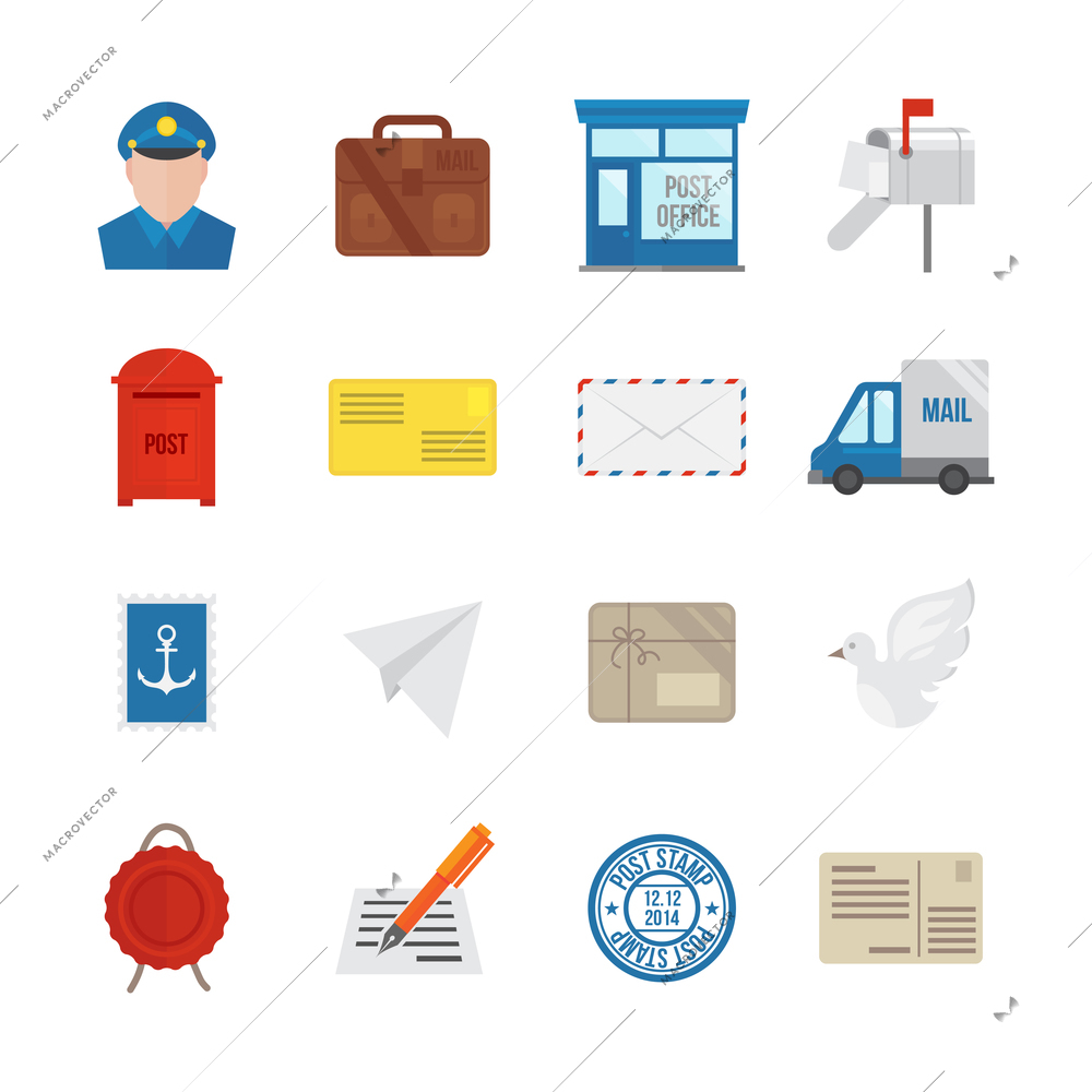 Post service icon flat set with delivery courier envelope and parcel packages isolated vector illustration