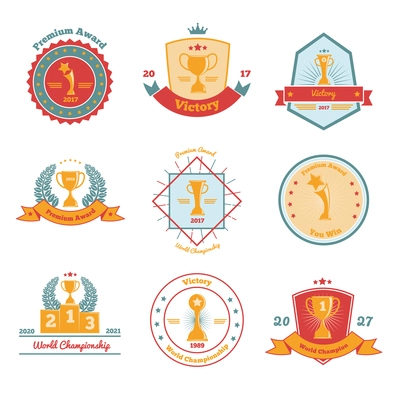 World cup championships competitions festivals tournaments winners awards gold trophies emblems flat icons collection isolated vector illustration