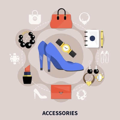 Clothes flat composition with colored accessories handbags watches shoes pumps and other vector illustration