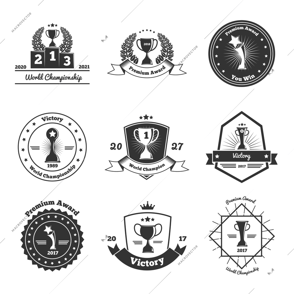 World cup championships competitions festivals tournaments winners awards trophies emblems icons collection isolated black white vector illustration