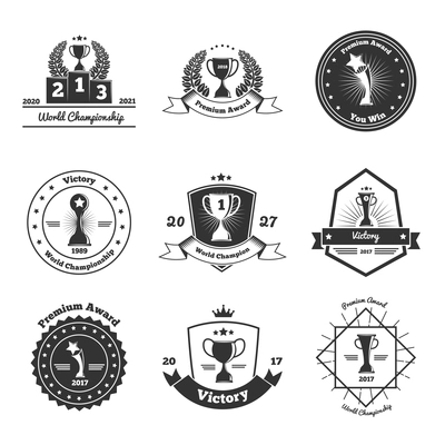 World cup championships competitions festivals tournaments winners awards trophies emblems icons collection isolated black white vector illustration