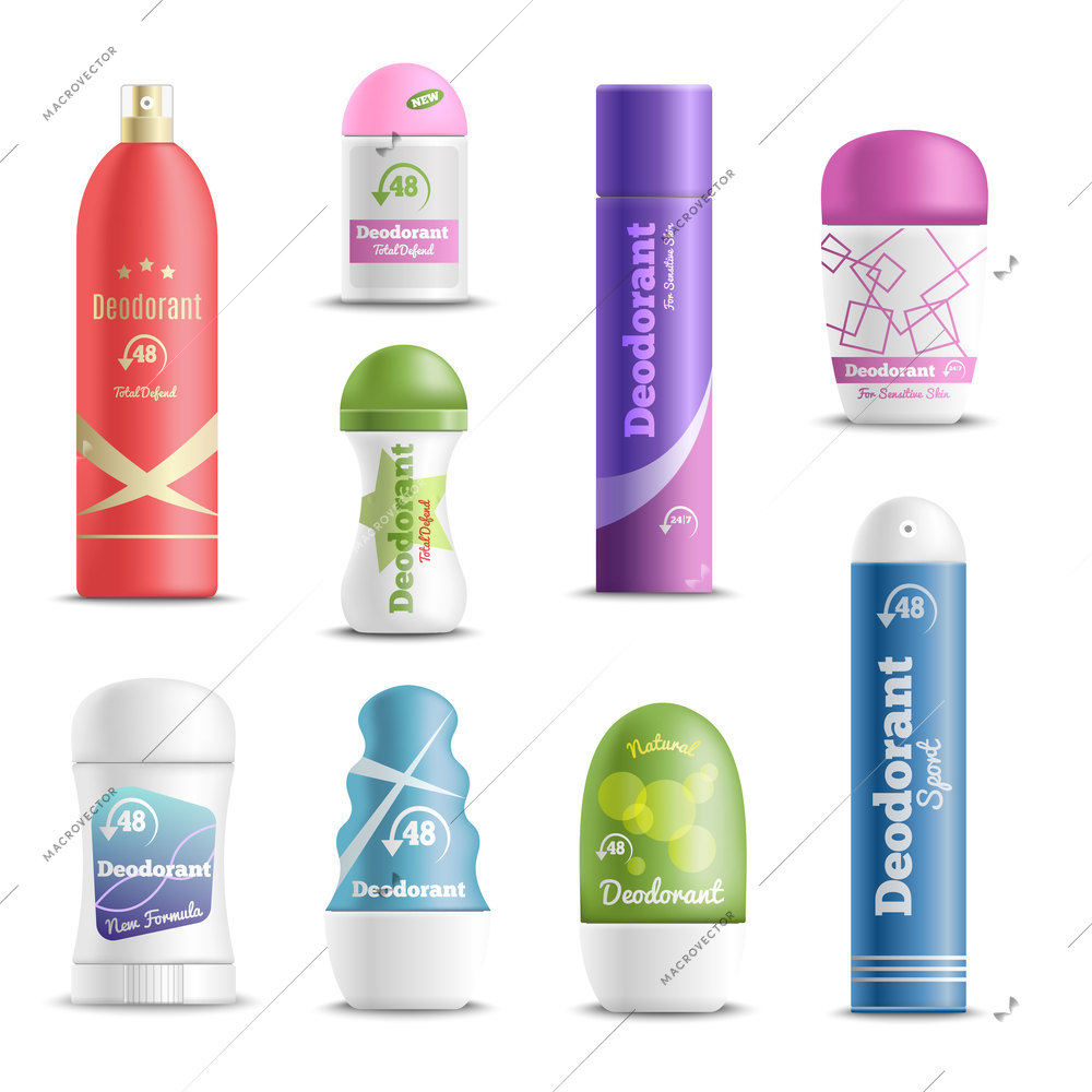 Deodorants spray sticks and roll-on types antiperspirant personal hygiene products realistic objects set isolated vector illustration