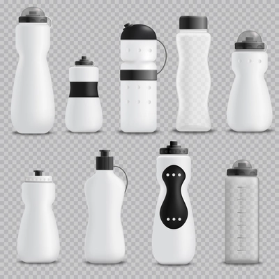 Fitness running blender and sport water bottles various shapes white realistic objects collection transparent background vector illustration