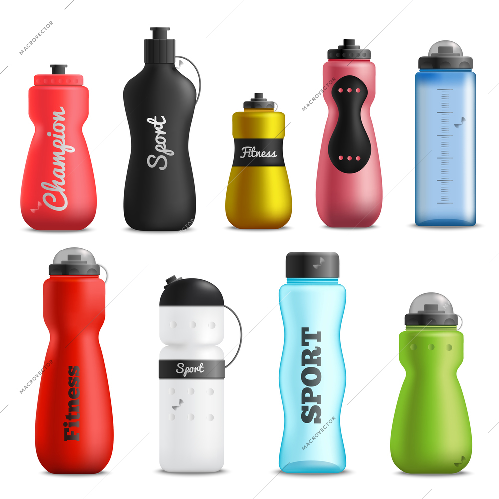 Fitness running and sport water bottles various shapes size and colors realistic objects collection isolated vector illustration