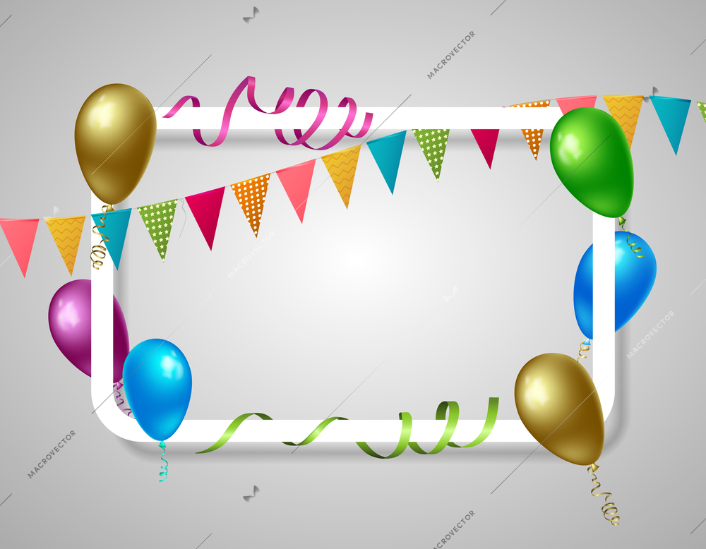 White rectangle frame with realistic holiday elements including colorful balloons, flags, streamers on grey background vector illustration