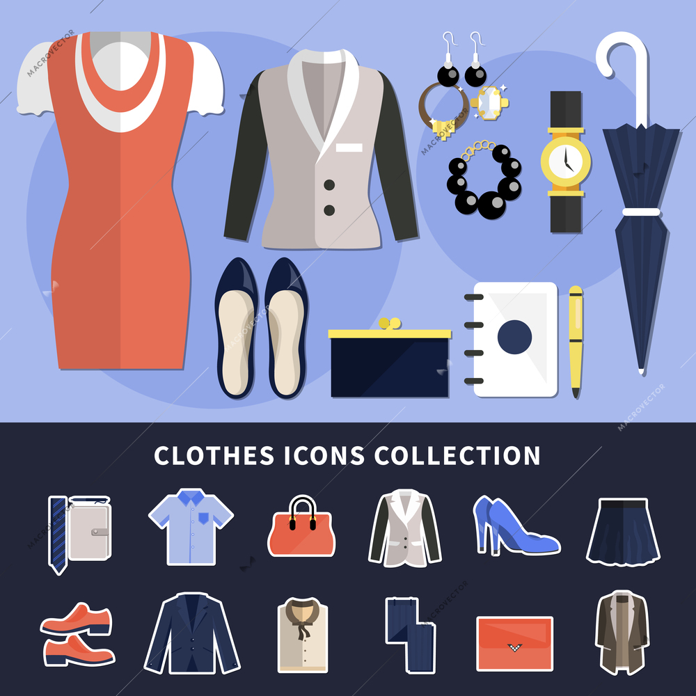 Clothes icon collection with flat wardrobe items in flat style colored and isolated vector illustration