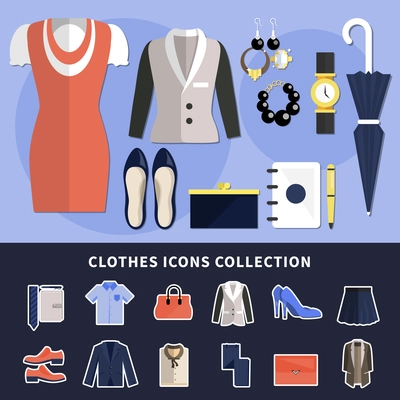 Clothes icon collection with flat wardrobe items in flat style colored and isolated vector illustration