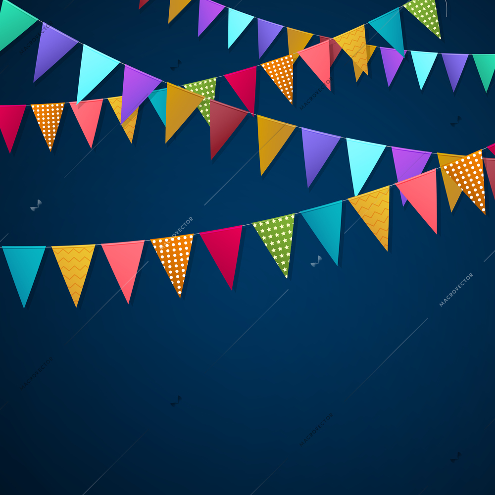 Realistic holiday garlands from triangle colorful flags hanging on string on dark background 3d vector illustration