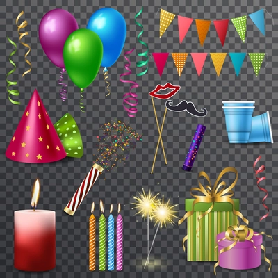 Set of realistic holiday elements with party hats, burning candles, balloons isolated on transparent background vector illustration