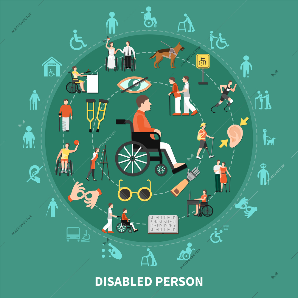 Disabled person round composition with different types of disease combined in big circle vector illustration