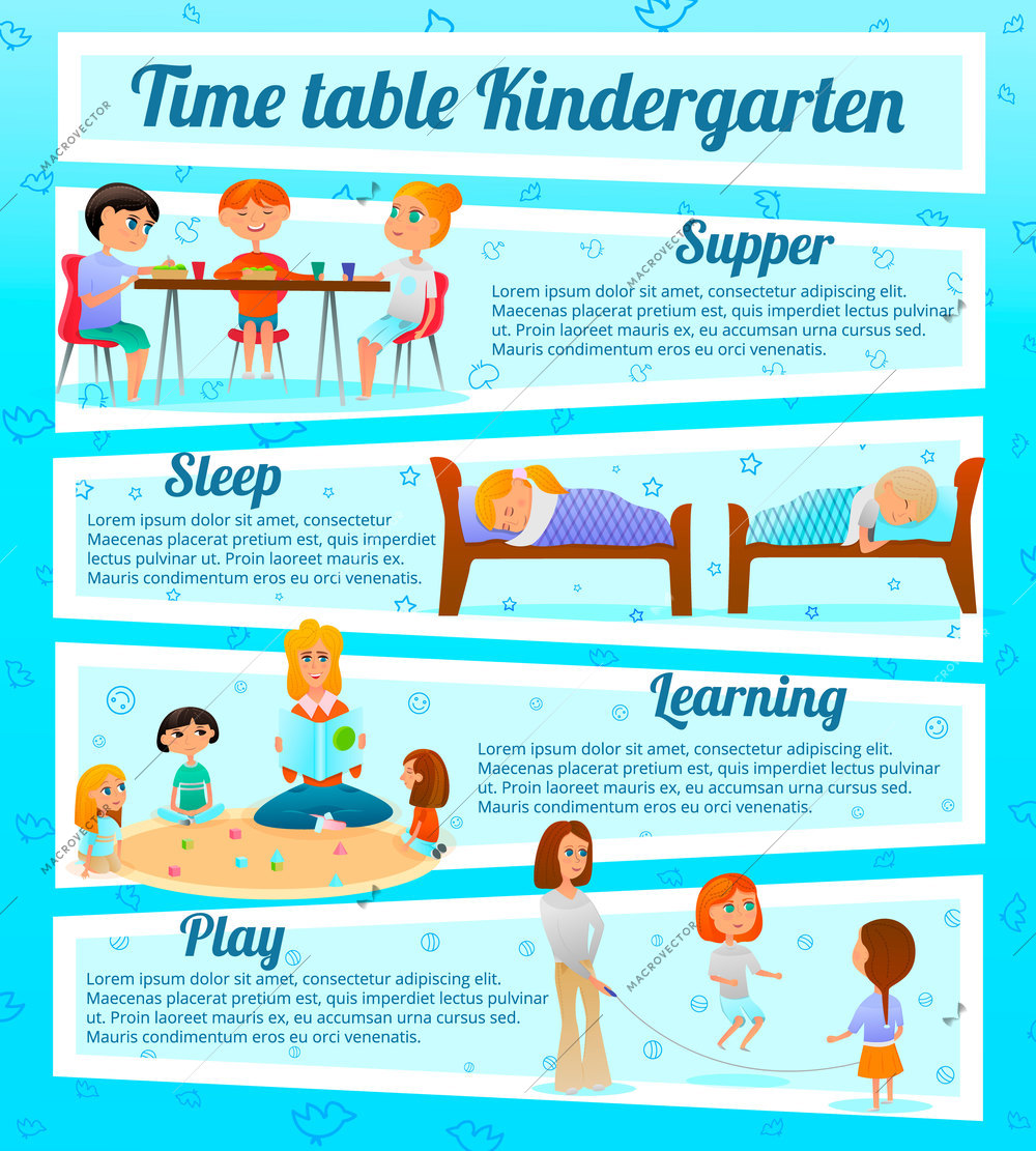 Kindergarten characters infographics with timetable of kids activities including learning and games on blue background vector illustration