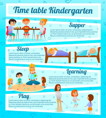 Kindergarten characters infographics with timetable of kids activities including learning and games on blue background vector illustration