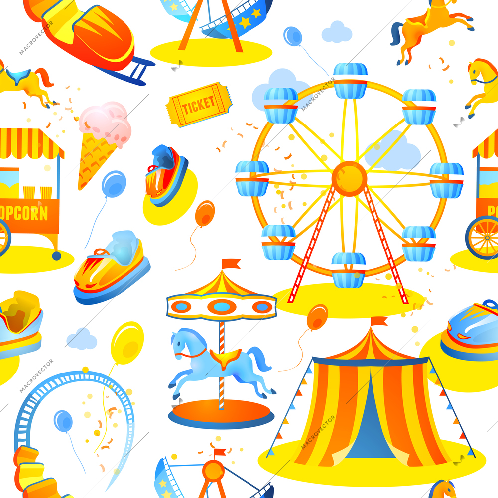 Amusement entertainment park seamless pattern with tent cars rides vector illustration