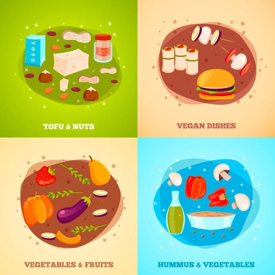 Vegetarian food flat design concept with tofu and nuts, vegan dishes, vegetables and fruits isolated vector illustration