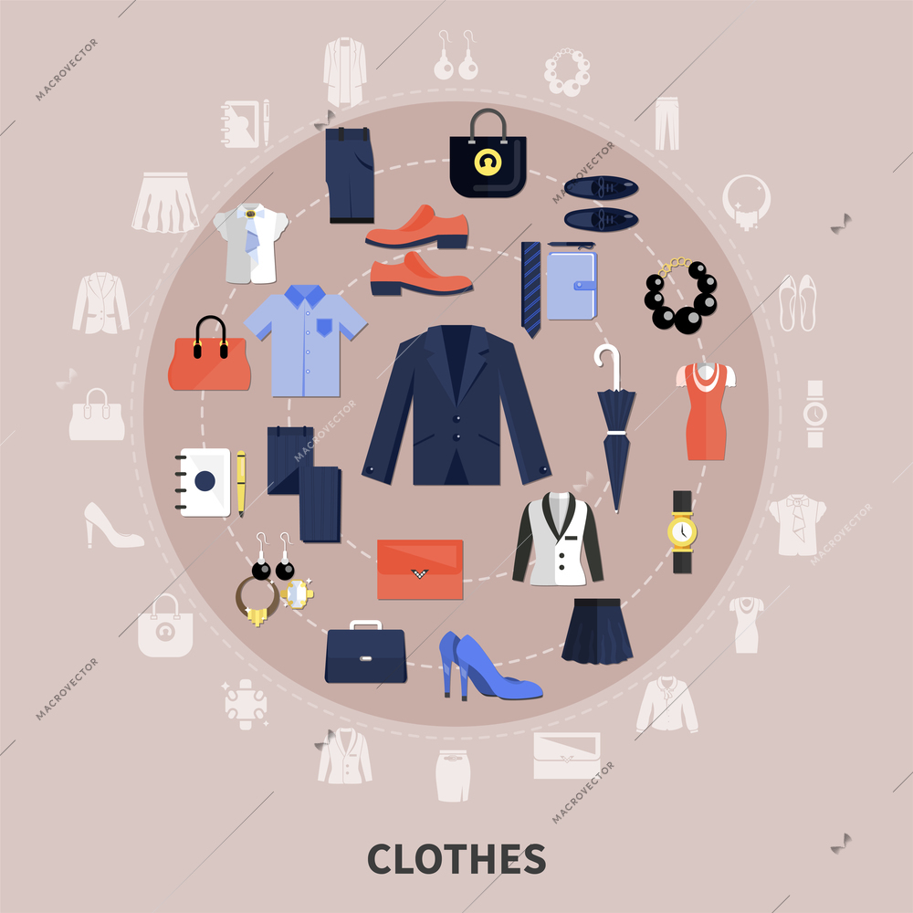 Round Clothes composition with icon set combined in big circle and flat elements vector illustration