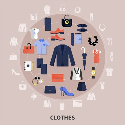 Round Clothes composition with icon set combined in big circle and flat elements vector illustration