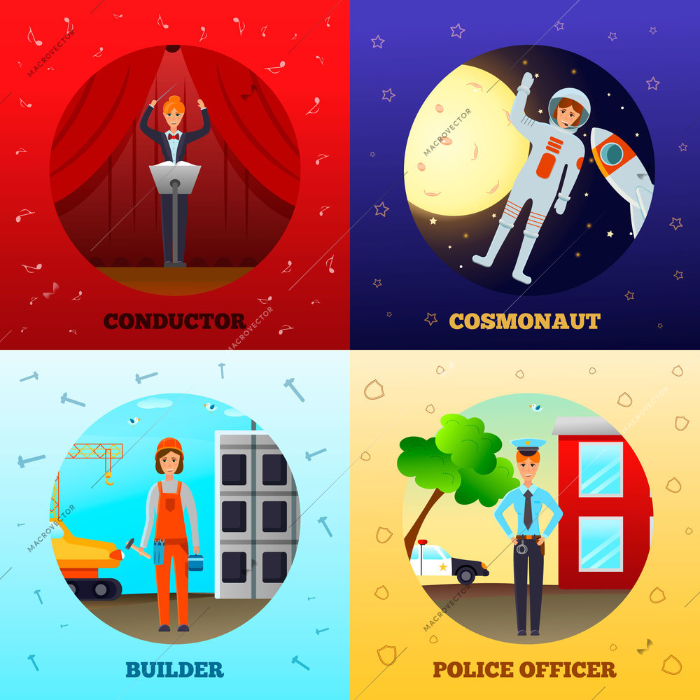 Woman professions design concept with conductor on stage, cosmonaut in space, builder, police officer isolated vector illustration