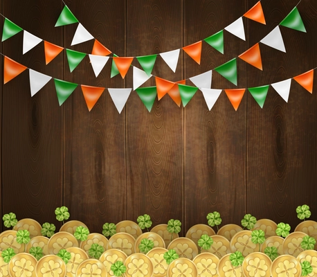 St patricks holiday background with golden coins, clover, garlands from color flags, dark wooden texture vector illustration