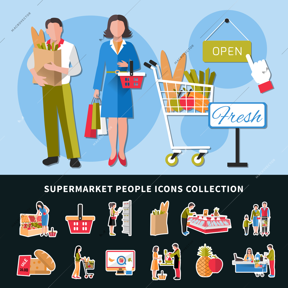 Supermarket people icons collection with seller and customers, goods on counters, cash desk, discounts isolated vector illustration