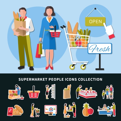 Supermarket people icons collection with seller and customers, goods on counters, cash desk, discounts isolated vector illustration