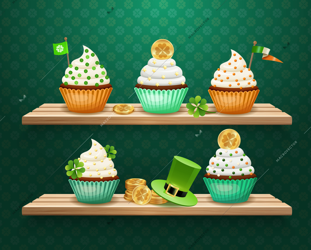 Saint patricks day composition with sweets decorated golden coins, clover, flags on wooden shelves vector illustration